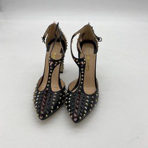 XYD black pointy toe rivets T strap chunky sandals heels pumps